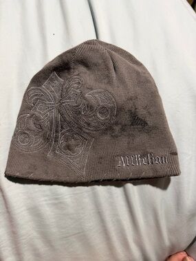 🌧️Affliction Brown Knit Beanie with Embroidered Cross